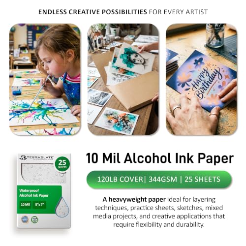 TerraSlate Paper | 10 Mil 5” x 7” Alcohol Ink Paper | Waterproof & Non-Porous Alcohol Ink Drawing Paper | Bright White, 25 Sheets