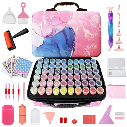 Muzagroo Art Diamond Painting Storage Case 120 Slots Bead Portable Shockproof Organizer and Accessory Box with 5D Diamond Art Accessories and Tools Kits L (Pink-Deluxe Set) - color: Pink-Deluxe Set, size: 120 Jars