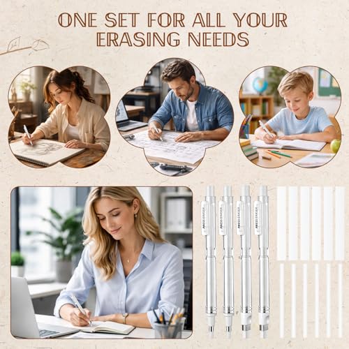 4 Pack Mechanical Eraser Pen, 2.3mm Round & 2.5mm Rectangular Tips, Mechanical Eraser Pencil with 12 Refills, Pen-Style Erasers for Artists, Students & Professionals Drawing, Drafting, Art & Writing