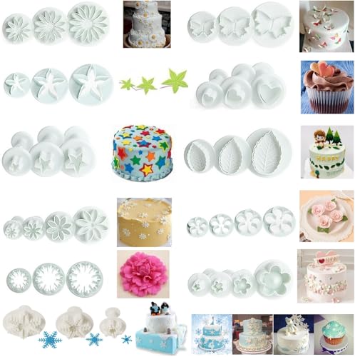 Flower Cookie Cutters,Cake Tools 44 Pcs Snowflake Cookie Cutter Cloud Fondant Cake Plunger Sugarcraft Flowers Leaf Butterfly Heart Shape Decorating Mold DIY Icing Plunger Cutters - color: Flower Cutters