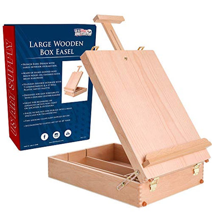 U.S. Art Supply Newport Large Adjustable Wood Desktop Easel - Premium Beechwood Tabletop Drawing Easel with Storage, Paint Palette, Portable Easels for Painting, Drawing, Sketchbox