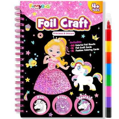 FUNNYB&G Foil Art Craft Kit for Girls 4-10 Years Old: Mess-Free & No-Glue, Create 16 Sparkly Princess Unicorn Pictures – Perfect Travel Toy & Birthday Gift for Kids (Princess) - style: Princess