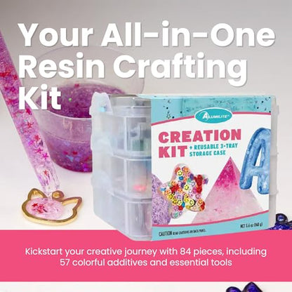 Alumilite Creation Kit – 84-Piece Resin Craft Kit for Beginners with Mica Powder, Glitter, Mylar Flakes, Charm Slices, and Tools for Epoxy and UV Resin DIY Crafts, Tumblers, Jewelry, & Keychains