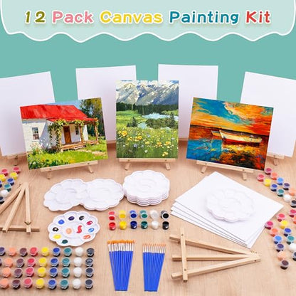 12Pack 8x10 Inch Canvas and Easel Set, Sip and Paint Kit for Adults,Art Canvas Bulk with Easels Stands, Trays,Small Paint Brushes,12 Colors Mini Acrylic Paint Set for Couples,Kids and Party Supplies
