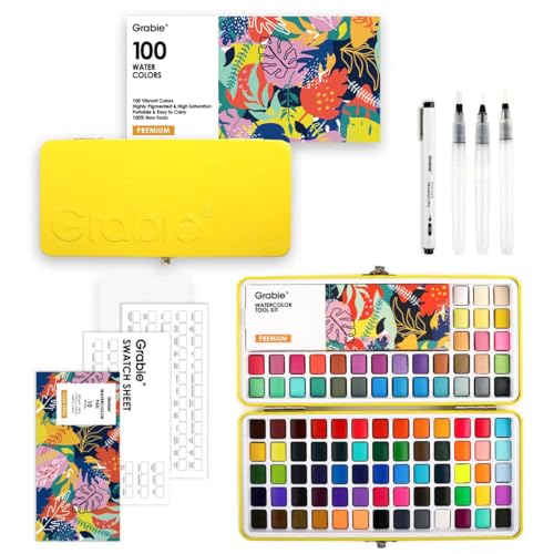 Grabie 100 Colors Premium All-In-One Watercolor Paint Set - 50 Essential, 35 Metallic, 10 Pastels, 5 Neon Hues - Portable Case, Brush Pens, Paper Pad, Waterproof Fineliner Pen, Beginner & Professional - color: 100 Colors（Premium）