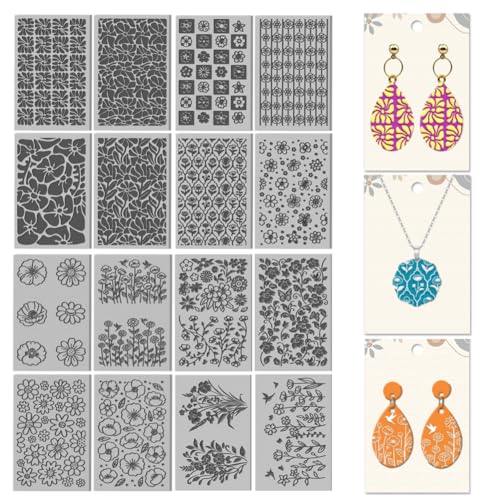 CHGCRAFT 16 Pcs Plants Flowers Pattern Polymer Clay Texture Sheet Geometric Abstract Flowers Patterns Rubber Clay Texture Mat for Polymer Clay Making Earrings Jewelry DIY Crafts 4 × 2.5 Inch - style: Plants Flowers