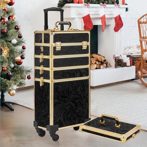 Somduy Rolling Makeup Case, Makeup Train Case with Lid, 5 in 1 Cosmetology Case on Wheels, Christmas Gift, Large Makeup Organizers, Profesional Cosmetic Case for Salon Barber, Pattern Black Gold - color: Black Gold