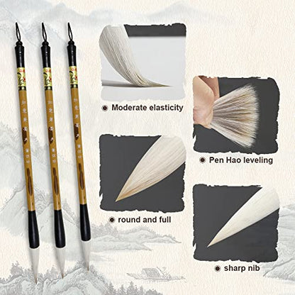3 Sizes Chinese Writing Brush with Wood Rack Pen Rest, Calligraphy Brush Set, Sumi Painting Drawing Brushes, Kanji Art Brushes for Professional Beginners (Large, Medium, Small Size)