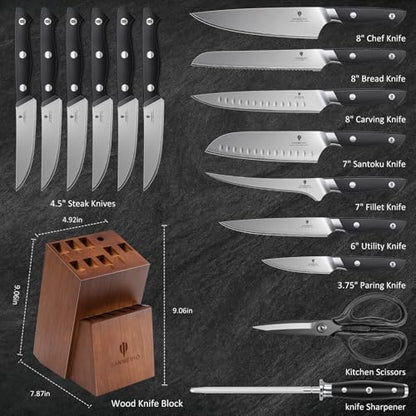 16 PCS Knife Set with Block, Japanese Kitchen Knife Set with 5 Layers High Carbon 9Cr18Mov Stainless Steel, Ultra-Sharp Professional Chef Cooking Knives with Ergonomic Handle, Dishwasher Safe - color: 16PCS Knife Set
