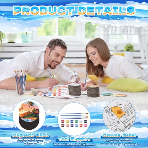 24 Pcs Magnetic Canvas Mini Round Canvas Boards Pre Drawn Canvases with Brushes Acrylic Paints Pre Printed Painting Boards for Students DIY Fridge Locker Art Craft(Hawaii)