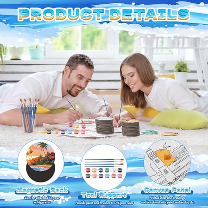 24 Pcs Magnetic Canvas Mini Round Canvas Boards Pre Drawn Canvases with Brushes Acrylic Paints Pre Printed Painting Boards for Students DIY Fridge Locker Art Craft(Hawaii)