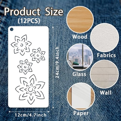 12 Sheets Sashiko Painting Stencils, 12 Styles Flower Leave Pattern Sashiko Quilting Drawing Templates Reusable Border Stencil for Sewing Embroidery Scrapbooking DIY Ornaments - style: Flower