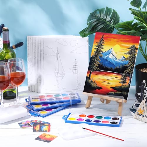 Ctosree 12 Sets Pre Drawn Canvas Kit for Painting Adults Sip and Paint Kit Art Pre Printed Canvas Bulk for Adult Date Night, Art Party & Holiday Gift(Summer Sunset,8 x 10 in) - size: 8 x 10 in, style: Summer Sunset