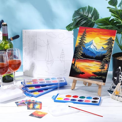 Ctosree 12 Sets Pre Drawn Canvas Kit for Painting Adults Sip and Paint Kit Art Pre Printed Canvas Bulk for Adult Date Night, Art Party & Holiday Gift(Summer Sunset,8 x 10 in) - size: 8 x 10 in, style: Summer Sunset