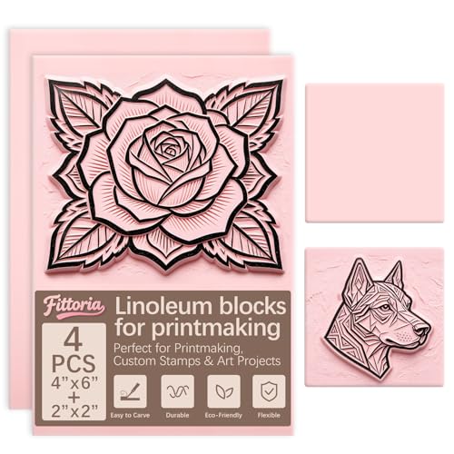 4 Pcs Rubber Stamp Carving Blocks Pink Soft Linoleum Blocks 4x6in and Square 2x2 in Carving Kit for Stamp Soft Rubber Crafts and DIY Craft Project - color: Linocut 4x6x0.24in-2pcs+2x2x0.31in-2pcs