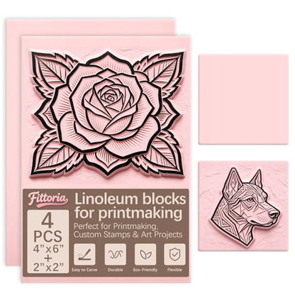 4 Pcs Rubber Stamp Carving Blocks Pink Soft Linoleum Blocks 4x6in and Square 2x2 in Carving Kit for Stamp Soft Rubber Crafts and DIY Craft Project - color: Linocut 4x6x0.24in-2pcs+2x2x0.31in-2pcs