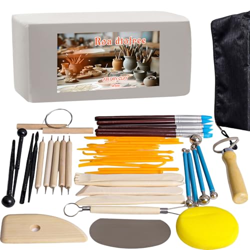 Air Dry Clay Kit 10 LBs + 42 Pcs Pottery Tools - Non-Toxic Organic Clay for Sculpting, Hand Modeling & Throwing, for Art Classes Ceramics Workshops (White) - color: White