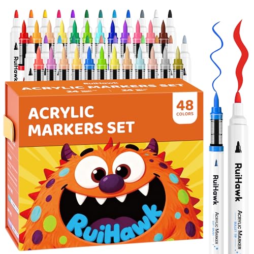 48 Colors Acrylic Paint Markers, 24 Brush & 24 Bullet Tips Pens, Non-Toxic Quick Dry, No Bleed, Vivid for Rock Painting, Wood, Canvas, Glass, Ceramic - DIY Crafts for Adults, Teens & Hobbyists - color: 48 Colors