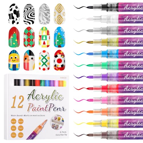 12 Color 0.7MM Nail Art Pens Set, Kalolary 3D Nail Polish Pens Quick Drying Acrylic Paint Nail Art Markers Drawing Painting Liner Brush for Nail Art Design Home & Salon Nails DIY - color: L