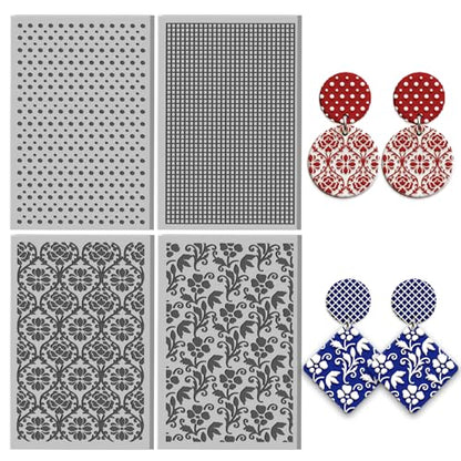 4 Sheets Simple Polka Dots Grids Pattern Polymer Clay Texture Sheet Vintage Flowers Patterns Rubber Clay Texture Mat for Polymer Clay Making Earrings Jewelry DIY Crafts 4 × 2.5 Inch - style: Polka Dots Grids