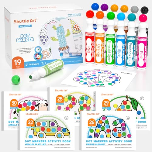Shuttle Art Dot Markers, 14 Colors Bingo Daubers with 135 Patterns, 5 Activity Books, Educational Set With Art Activities,Non-Toxic Washable Coloring Markers - color: 14 Colors + 5 Activity Books