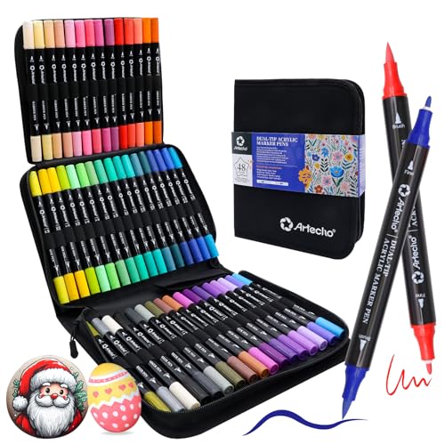 Artecho Acrylic Paint Markers 48 Colors with Bag, Acrylic Paint Pens with Brush Tip and Fine Tip for Stone, Rock Painting, Paper, Pumpkin, Wood, Egg, Canvas, Ceramic, Fabric, leather, Glass - color: 48 Colors