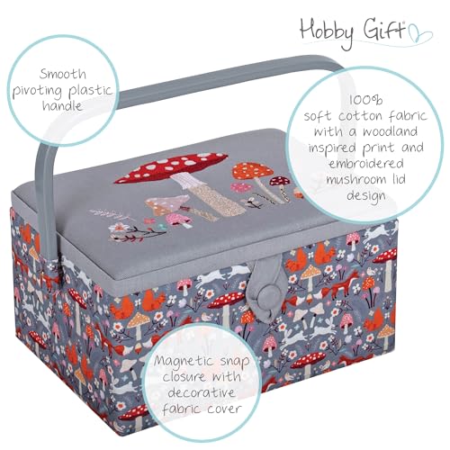 Hobby Gift Medium Sewing Box Organiser, Fabric Covered Storage Box with Handle, Internal Tray, Pin Cushion and Pocket for Sewing, Quilting and Knitting Supplies - color: Toadstool