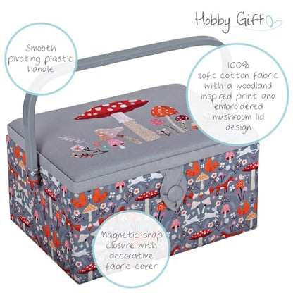 Hobby Gift Medium Sewing Box Organiser, Fabric Covered Storage Box with Handle, Internal Tray, Pin Cushion and Pocket for Sewing, Quilting and Knitting Supplies - color: Toadstool