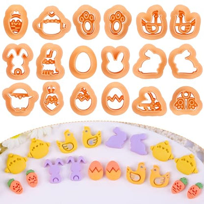 Puocaon Easter Polymer Clay Cutters - 18 Pcs Small Stud Easter Clay Cutters for Polymer Clay Earrings Jewelry Making, Spring Rabbits Bunny Carrot Chicken Eggs Shape