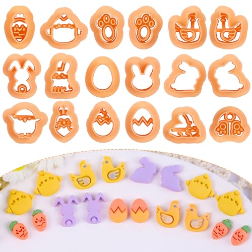 Puocaon Easter Polymer Clay Cutters - 18 Pcs Small Stud Easter Clay Cutters for Polymer Clay Earrings Jewelry Making, Spring Rabbits Bunny Carrot Chicken Eggs Shape