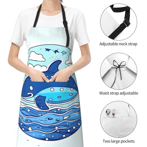 Round watercolor painting Heavy Duty Waterproof Apron with Pockets for AdultsResistant Grilling, Gardening, Painting - color: Small Whale Swimming
