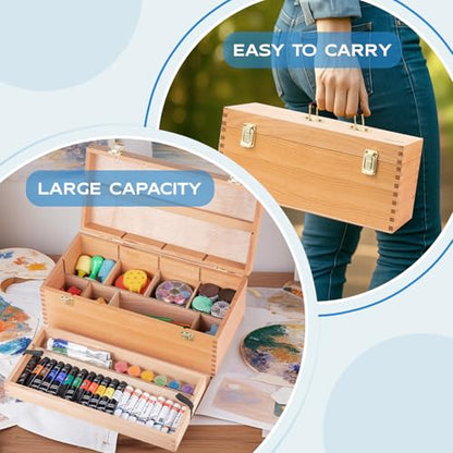 Falling in Art Large Art Supply Storage Box, Solid Beechwood Tool Box, Artist Storage Organizer with Drawer for Paintbrushes, Paints, and Pastels