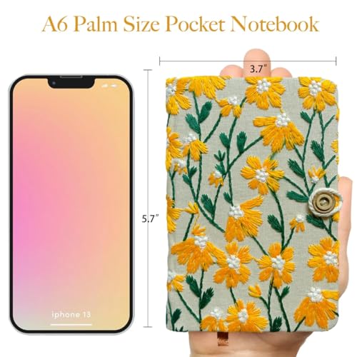 Daisy Gifts for Women, Flower Embroidered Journal, A6 Pocket Sketchbook, Small Unlined Notebook 4x6, Hardcover, Lay Flat, Cute Notebooks, Pretty Journal, Yellow Daisy - color: A6-Button-Yellow, style: Minimalist