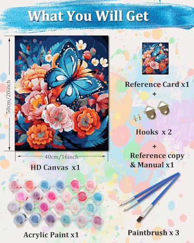 TOCARE Butterfly Paint by Numbers Kit for Adults Beginners, Flowers Paint by Number Butterfly, Adults’ Paint-by-Number Kits on Canvas 16x20inch - color: Butterfly Floral