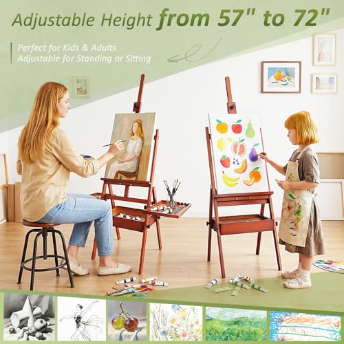 Foldable & Adjustable Art Easel with Storage Drawer Trays, Beech Wooden Easel Stand for Painting,H Frame Artist Easel for Painting Easel for Adults,Wood Easel Stand for Artist Students Studio - style: Enhanced Easel – Walnut Finish
