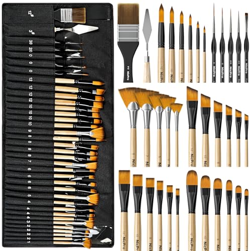 Nicpro 36pcs Paint Brush Set, Professional Paintbrushes with Palette Knife and Cloth Roll, Suitable for Acrylic Painting, Oil, Watercolor, Gouache, Art Supplies for Artists & Beginners (Wooden Color) - color: Wooden