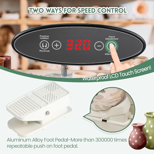 Huanyu Pottery Wheel with Bat System Lift Leg with LCD Screen & Foot Pedal Load Max 25lbs Clay 12" Electric Ceramic Machine Detachable Basin 350W Art Clay DIY Tool Kit