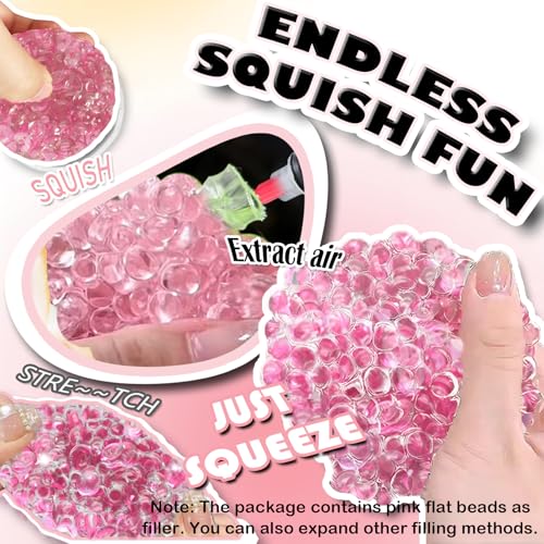 Dsyrvd 12PCS DIY Stress Ball Making Kit with Sealing Rubber Ring*12, Cable Tie*12, Balloon Expander Tool*1, Vacuum Tool*1, 100g Pink Filling Beads Great for Relieve Stress