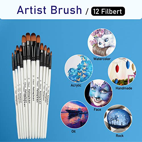 Falling in Art Paint Brushes Set, 12 PCS Nylon Professional Filbert Paint Brushes for Watercolor, Oil Painting, Acrylic, Face Body Nail Art, Crafts, Rock Painting - size: 12 Pcs Filbert Nylon