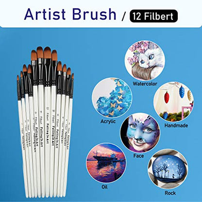 Falling in Art Paint Brushes Set, 12 PCS Nylon Professional Filbert Paint Brushes for Watercolor, Oil Painting, Acrylic, Face Body Nail Art, Crafts, Rock Painting - size: 12 Pcs Filbert Nylon