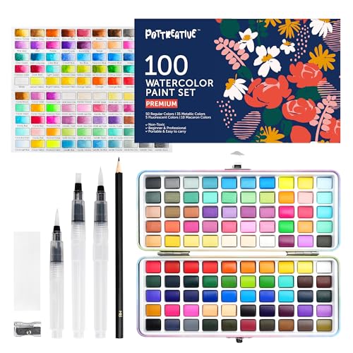 100 Colors Watercolor Paint Set - Vibrant Pigments in Portable Metal Case with 3 Water Brushes, Non-Toxic Travel-Friendly Painting Kit for Professional Artists/Students/Beginners - color: 100 colors