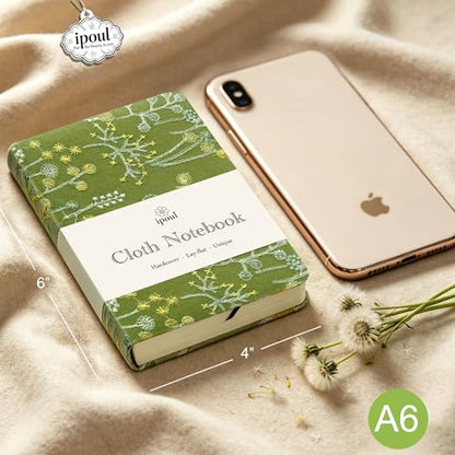 Pocket Notebook, A6 Journal, Small Embroidered Journal, Cute Fabric Notebook, Lay Flat Hardcover Journal, 4x6 Lined Notebook & Sketchbook, Personal Writing Journal for Women, Green Dandelion - color: A6-Dandelion Green