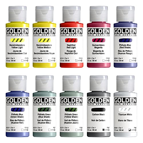 GOLDEN Fluid Acrylics, Fluid Mixing Set, 10 Color, 1 fl. oz. Bottles, Professional Acrylic Paint