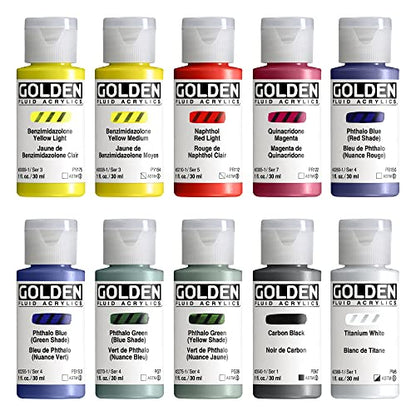 GOLDEN Fluid Acrylics, Fluid Mixing Set, 10 Color, 1 fl. oz. Bottles, Professional Acrylic Paint