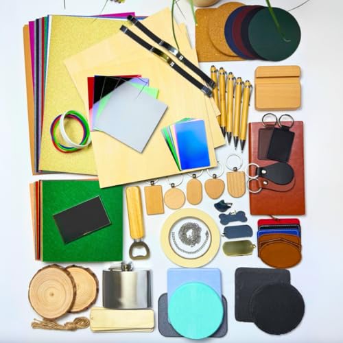 Mroy mio 135 PCS Laser Engraving Material Kit, 27 Kinds Laser Engraver Blanks for Laser Crafting, Includes Wood, Acrylic, Fabric, Rock, PU Leather, Diatom Mud Materials