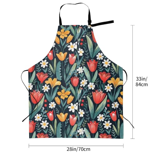 Fresh Meadow Floral Waterproof Apron with Pockets | Housework Aprons for Men Women Adjustable Bib Apron for Cooking Kitchen Baking BBQ Painting Garden Oil Resistant - color: Black Tulip Floral