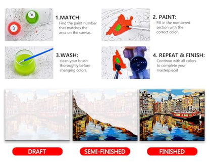 TUMOVO ‌Paint by Numbers Kit for Adults Amsterdam Canal Houses Landscape Painting with Spring Trees DIY Art Set Includes 16x20 Inch Canvas Acrylic Paints and Brushes European Cityscape Gift Idea - color: Artwork-03