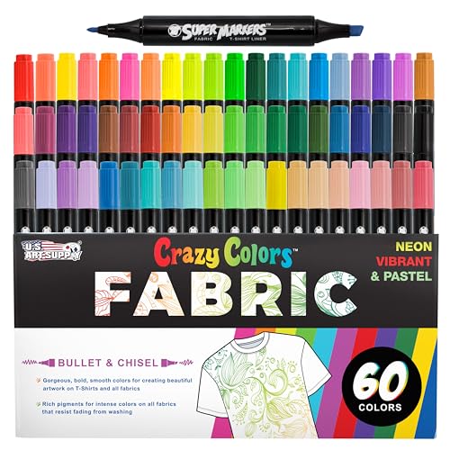 U.S. Art Supply Super Markers 60 Primary, Pastel & Neon Dual Tip Fabric Markers - Fine & Chisel Point Pens Fabric Marker Permanent for Clothes, T-Shirts - Permanent Ink Eye-Catching Colors - style: 60-Color Master Set