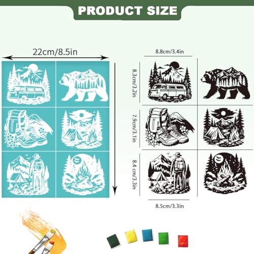 2 Sheets Outdoor Camping Silk Screen Stencil, Shoes Bag Car Bear Forest Reusable Mesh Stencil Self-Adhesive Silk Screen Printing for Wall Border Wood Fabric Home Craft Decor - style: Outdoor Camping