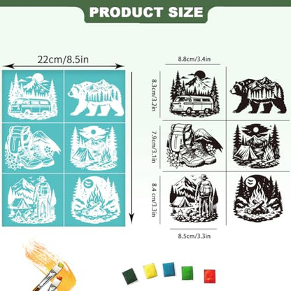 2 Sheets Outdoor Camping Silk Screen Stencil, Shoes Bag Car Bear Forest Reusable Mesh Stencil Self-Adhesive Silk Screen Printing for Wall Border Wood Fabric Home Craft Decor - style: Outdoor Camping